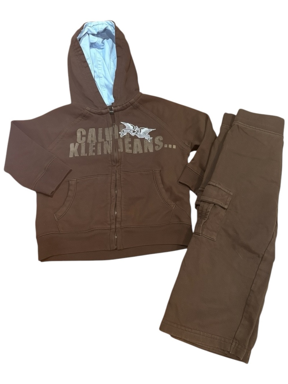 Calvin Klein Jeans Brown Hoodie & Cargo Joggers Set with Light Blue Lined Hood